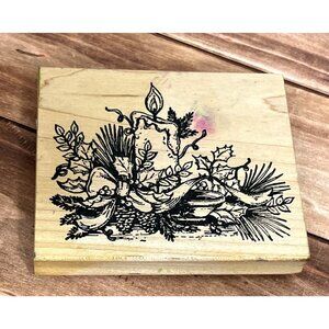 2006 NORTHWOOD'S P2953 CHRISTMAS CANDLE WOOD MOUNTED RUBBER STAMP HOLLY BERRY